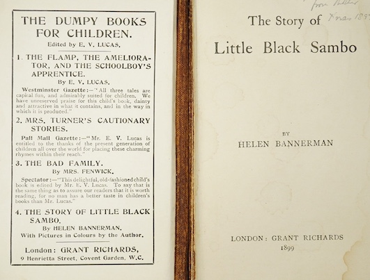 Bannerman, Helen - The Story of Little Black Sambo. No. 4 in 'The Dumpy Books for Children' series. 16mo. Publisher's light green cloth stamped in dark green. Illustrated with 27 full-page wood-engraved illustrations by